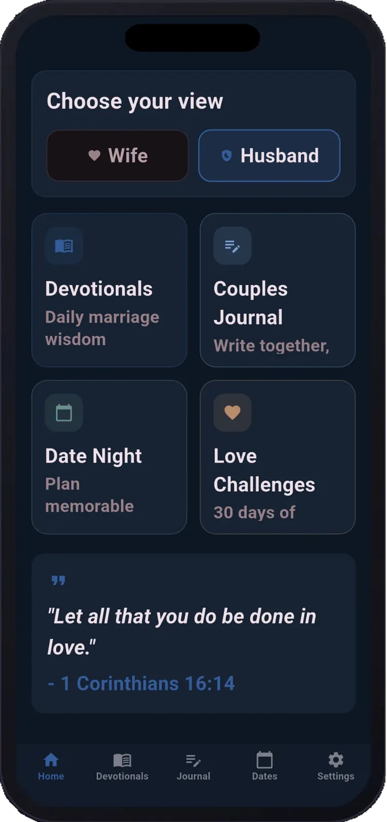 Husband view with blue theme and daily verse
