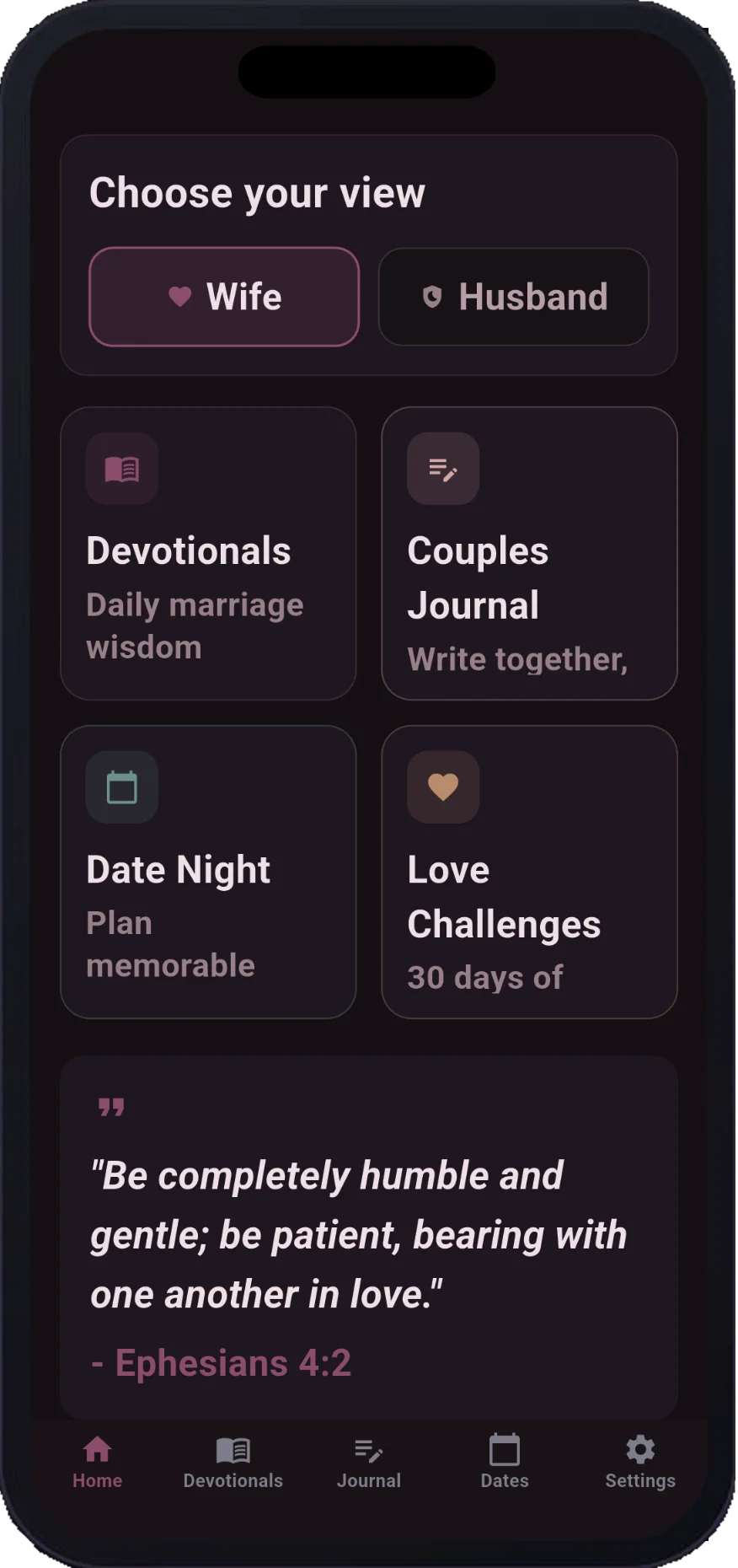 Wife view home screen with devotionals, journal, date night, and love challenges