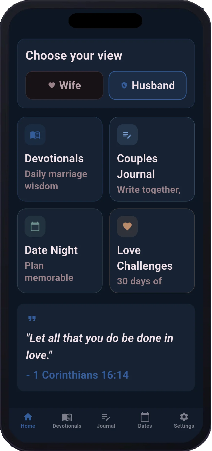 Husband view with blue theme and daily verse